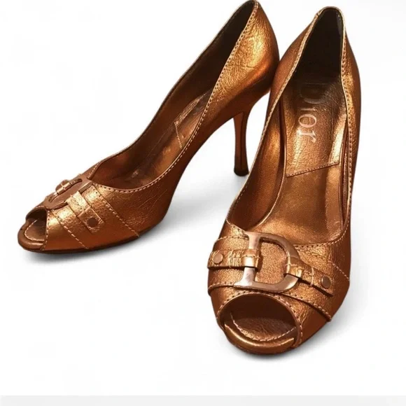 Dior Women's Metallic Gold Peep-Toe Heels - Picture 2 of 5